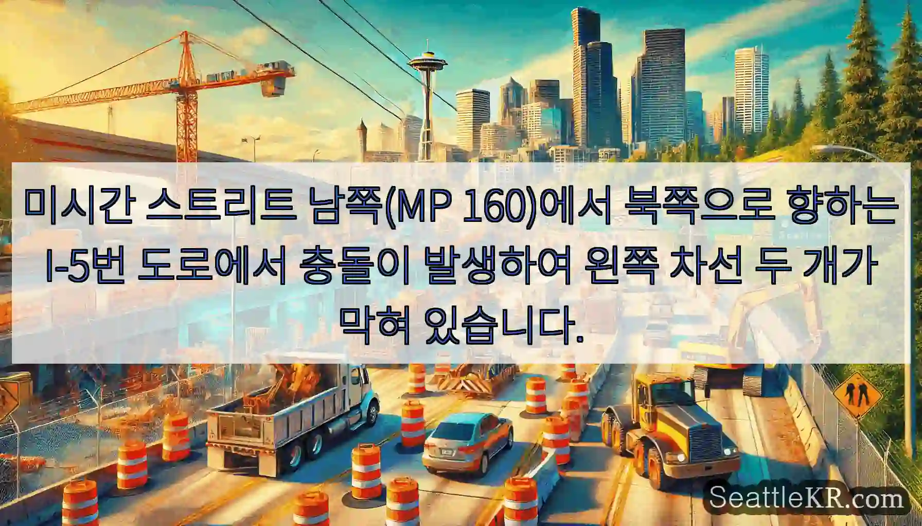 미시간 스트리트 남쪽(MP 160)에서 북쪽으로 향하는 I-5번 도로에서 충돌이 발생하여