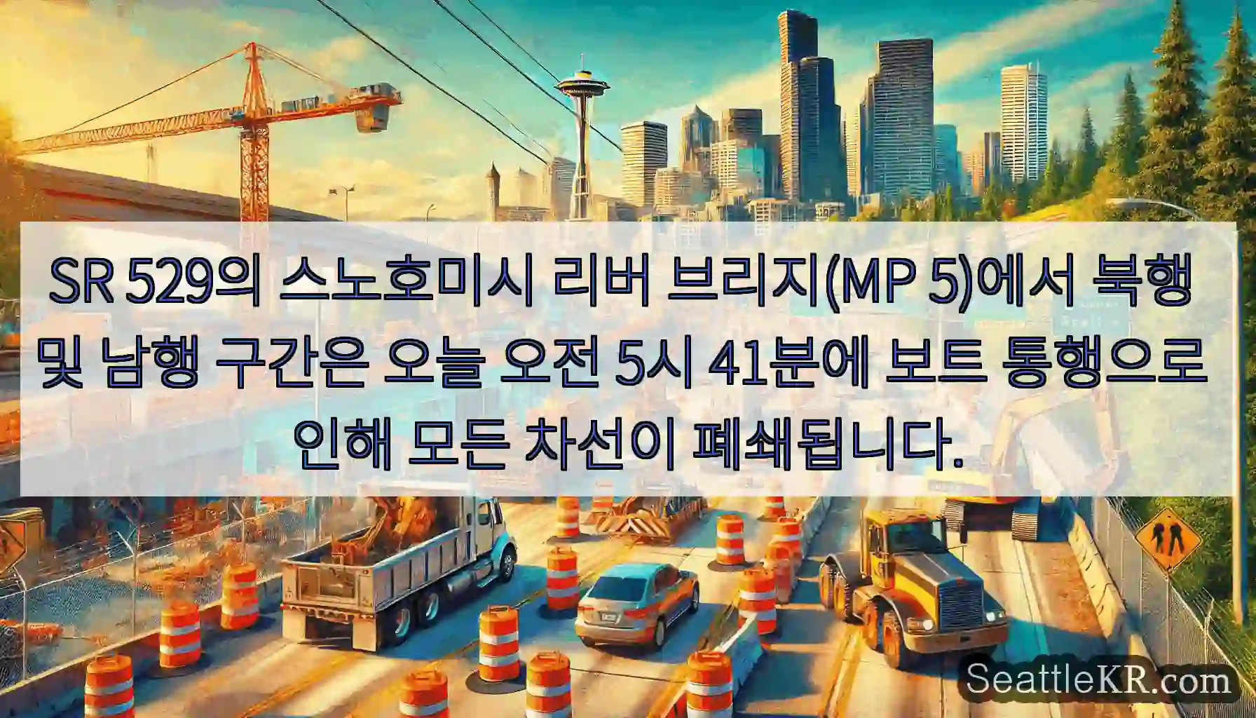 SR 529의 스노호미시 리버 브리지(MP 5)에서 북행 및 남행 구간은 오늘 오전 5시