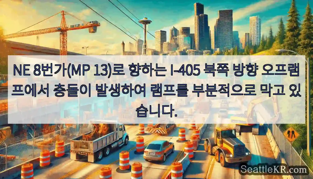 NE 8번가(MP 13)로 향하는 I-405 북쪽 방향 오프램프에서 충돌이 발생하여