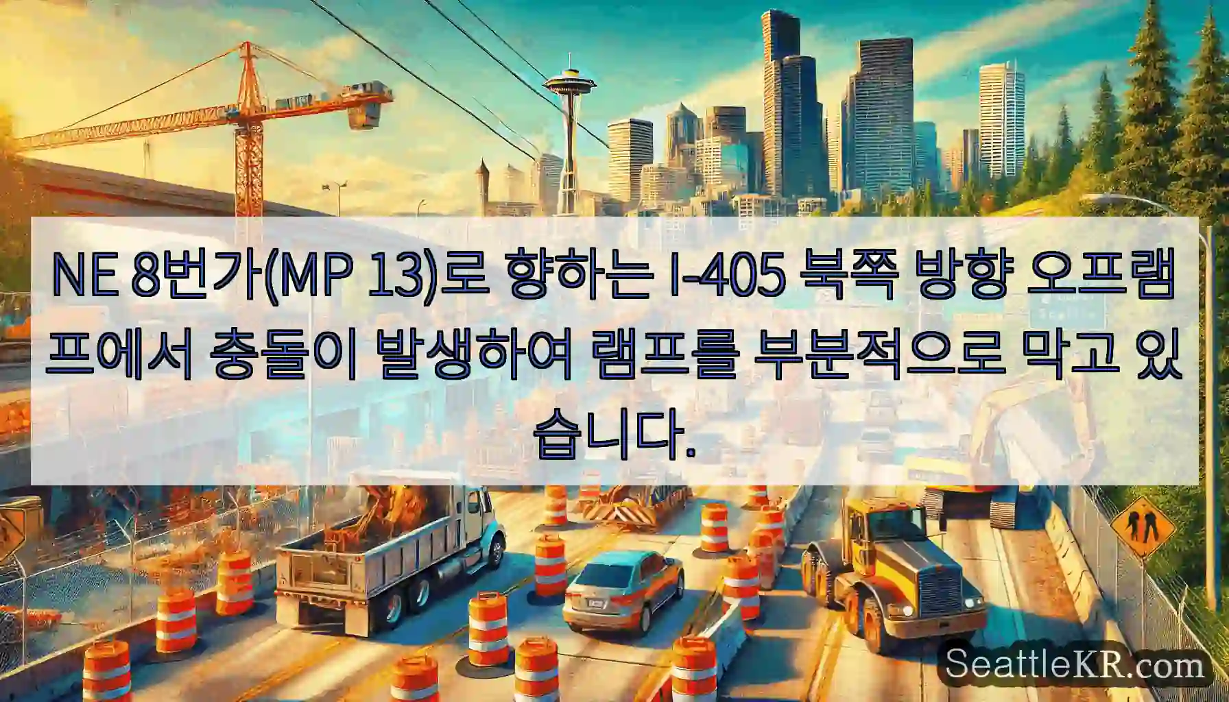 NE 8번가(MP 13)로 향하는 I-405 북쪽 방향 오프램프에서 충돌이 발생하여