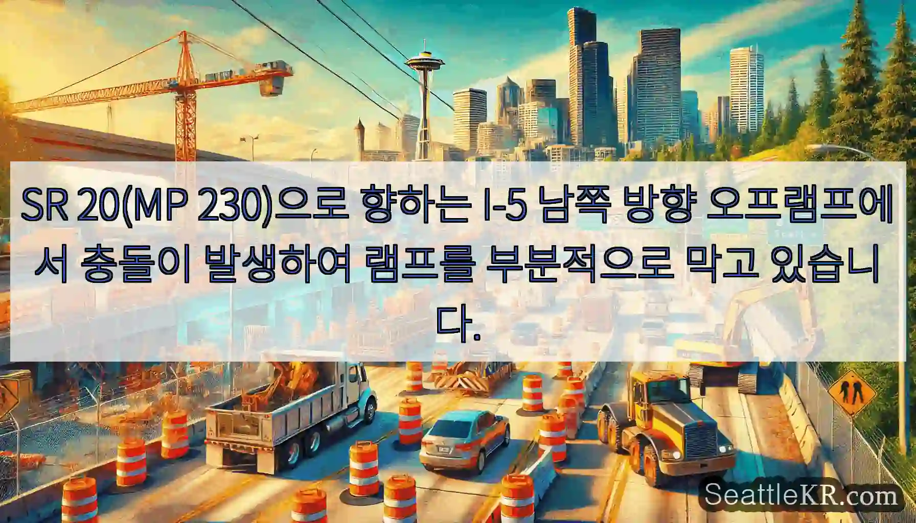 SR 20(MP 230)으로 향하는 I-5 남쪽 방향 오프램프에서 충돌이 발생하여 램프를