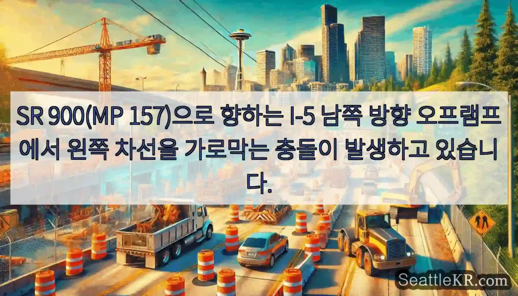 SR 900(MP 157)으로 향하는 I-5 남쪽 방향 오프램프에서 왼쪽 차선을 가로막는