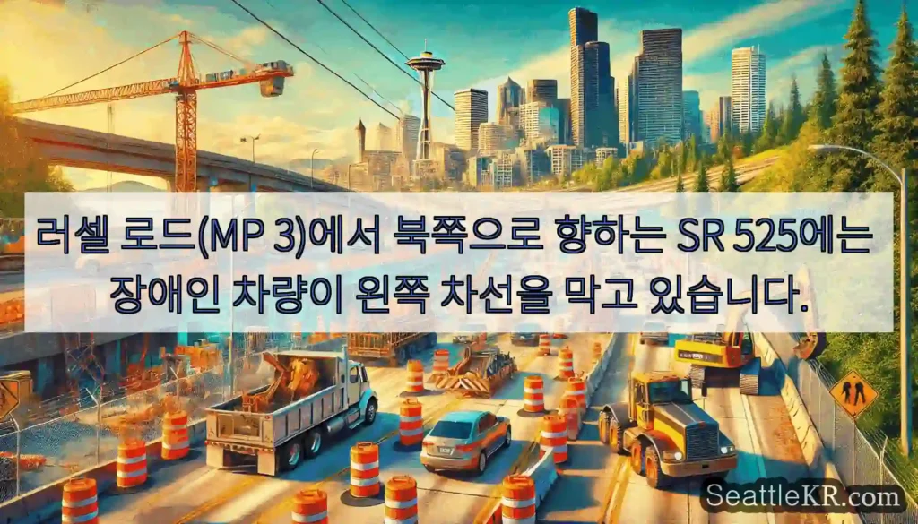 러셀 로드(MP 3)에서 북쪽으로 향하는 SR 525에는 장애인 차량이 왼쪽 차선을 막고