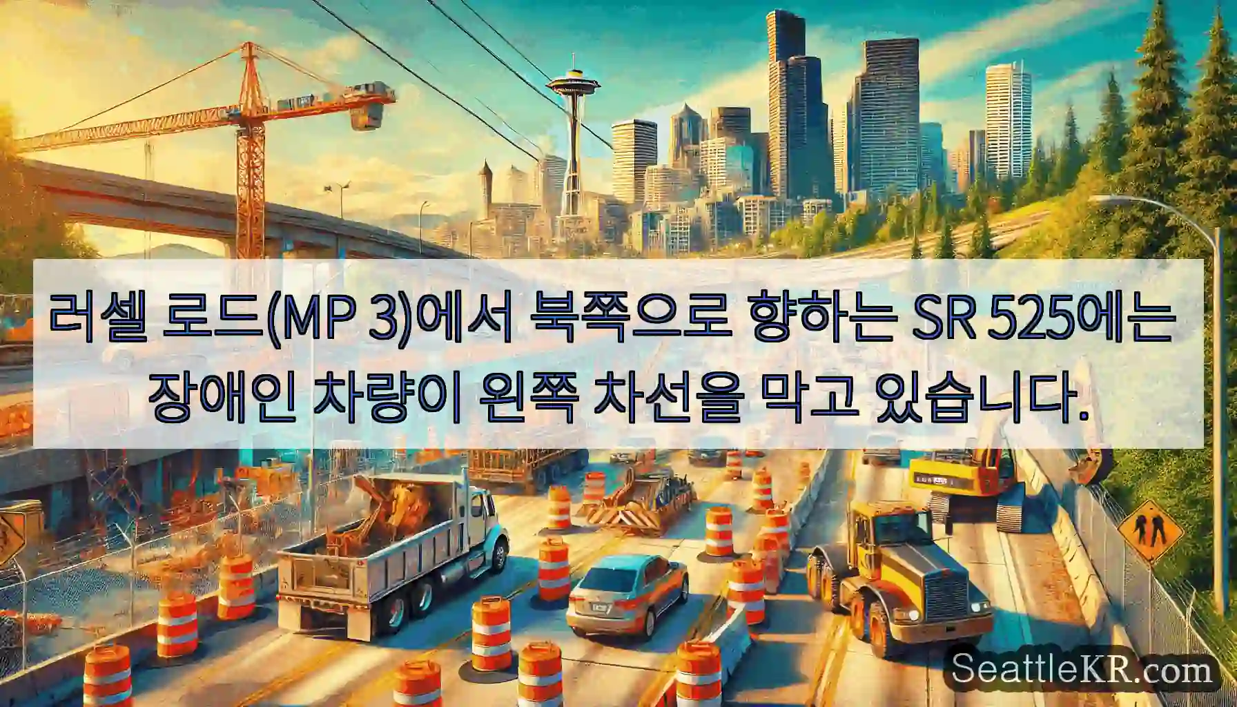 러셀 로드(MP 3)에서 북쪽으로 향하는 SR 525에는 장애인 차량이 왼쪽 차선을 막고