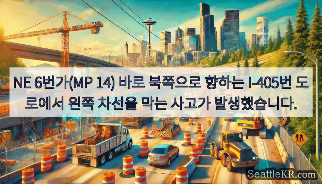 NE 6번가(MP 14) 바로 북쪽으로 향하는 I-405번 도로에서 왼쪽 차선을 막는