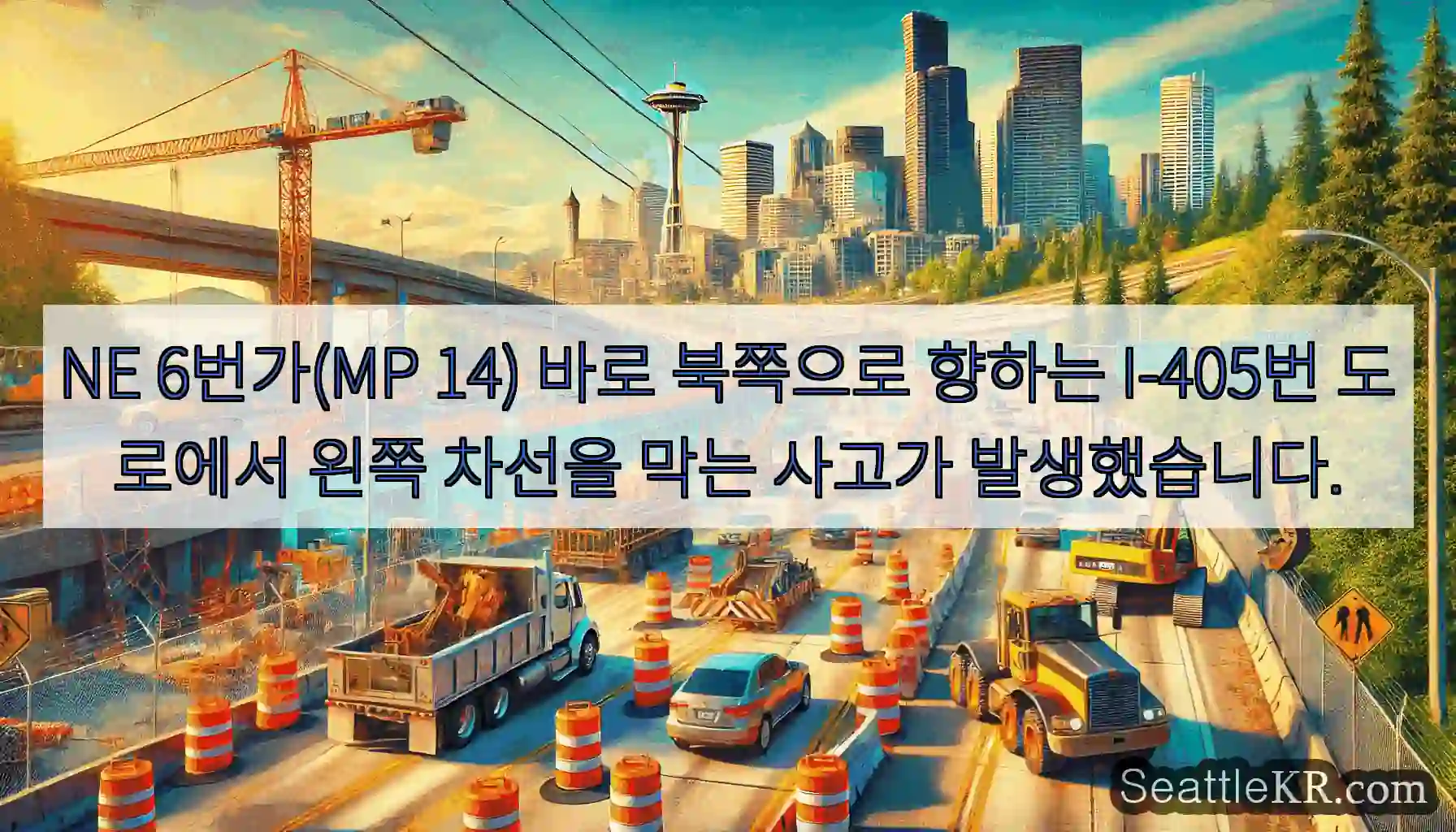 NE 6번가(MP 14) 바로 북쪽으로 향하는 I-405번 도로에서 왼쪽 차선을 막는