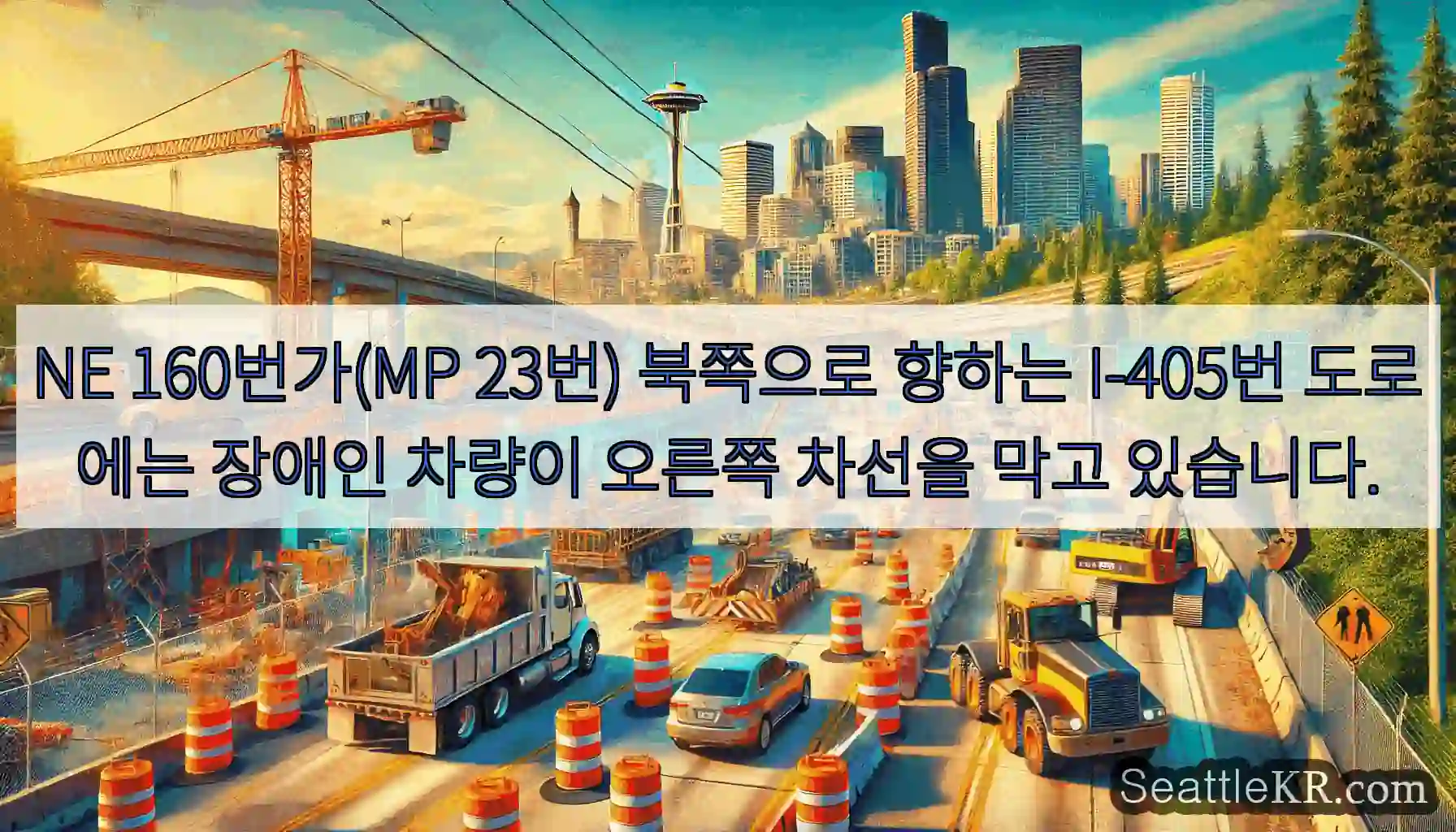 NE 160번가(MP 23번) 북쪽으로 향하는 I-405번 도로에는 장애인 차량이 오른쪽