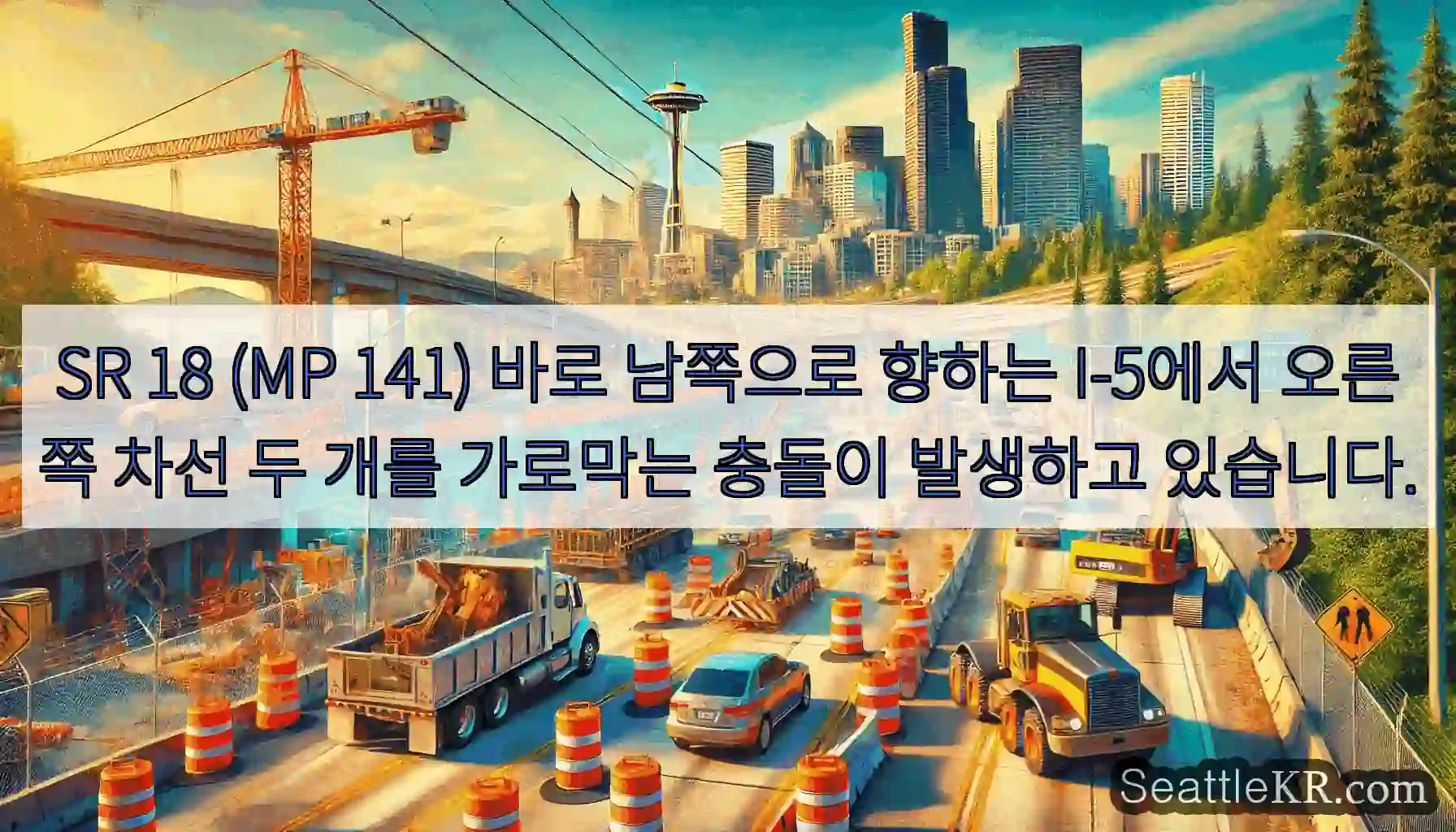 SR 18 (MP 141) 바로 남쪽으로 향하는 I-5에서 오른쪽 차선 두 개를 가로막는