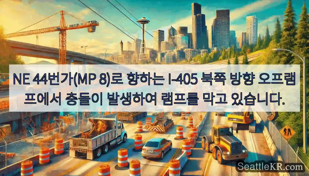 NE 44번가(MP 8)로 향하는 I-405 북쪽 방향 오프램프에서 충돌이 발생하여