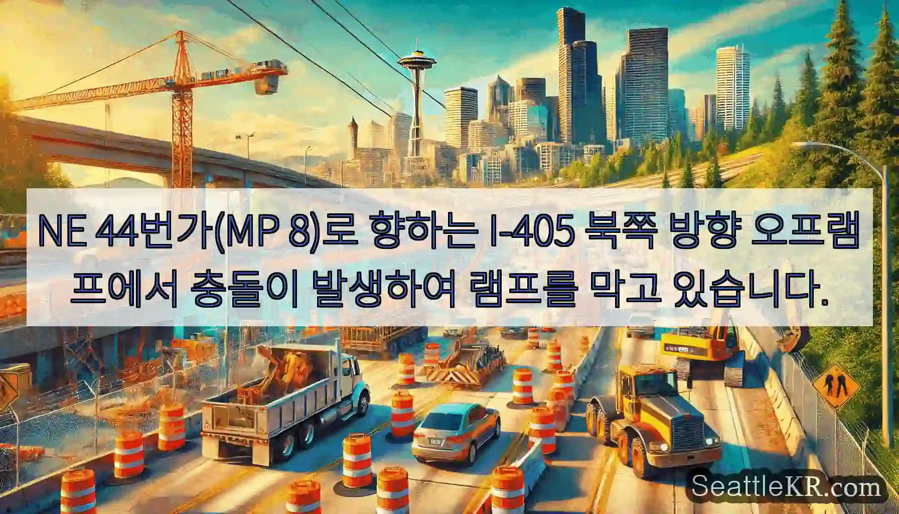NE 44번가(MP 8)로 향하는 I-405 북쪽 방향 오프램프에서 충돌이 발생하여