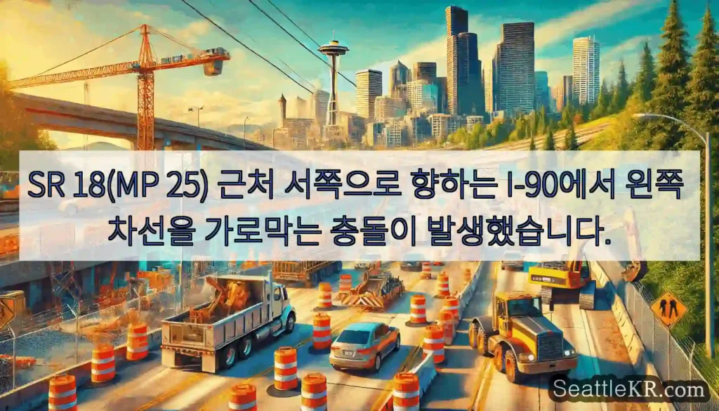 SR 18(MP 25) 근처 서쪽으로 향하는 I-90에서 왼쪽 차선을 가로막는 충돌이