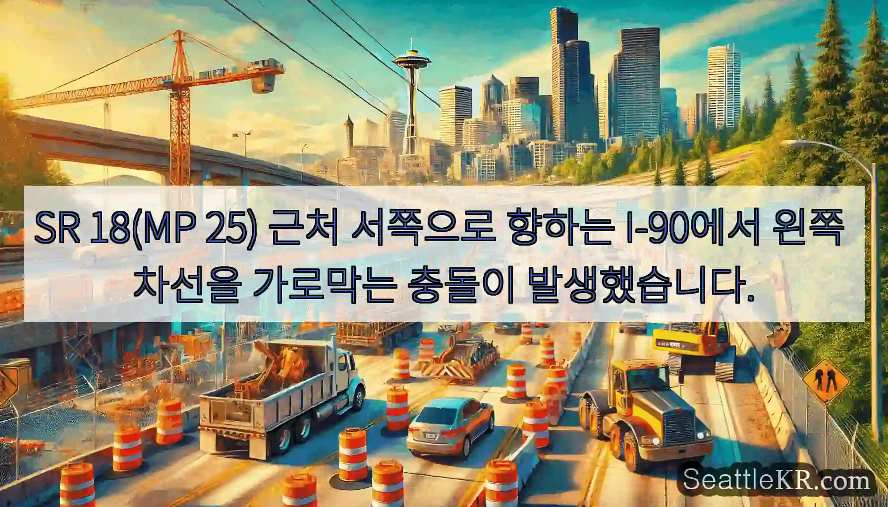 SR 18(MP 25) 근처 서쪽으로 향하는 I-90에서 왼쪽 차선을 가로막는 충돌이