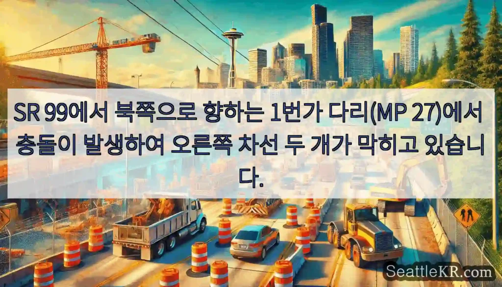 SR 99에서 북쪽으로 향하는 1번가 다리(MP 27)에서 충돌이 발생하여 오른쪽 차선