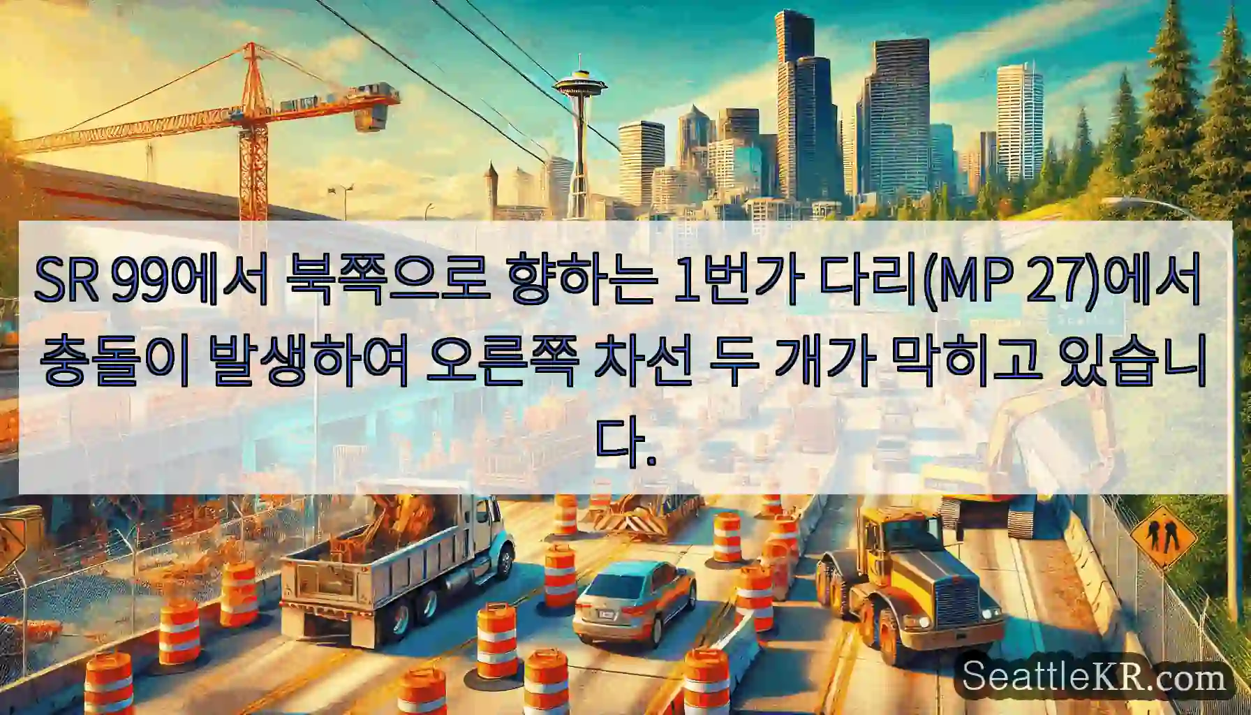 SR 99에서 북쪽으로 향하는 1번가 다리(MP 27)에서 충돌이 발생하여 오른쪽 차선
