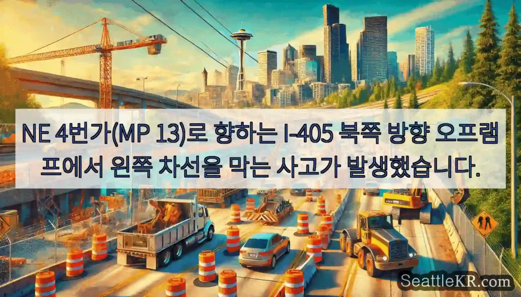 NE 4번가(MP 13)로 향하는 I-405 북쪽 방향 오프램프에서 왼쪽 차선을 막는