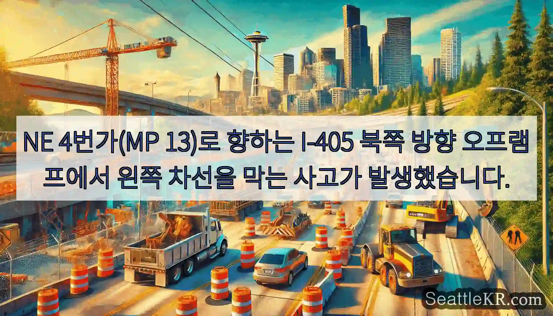 NE 4번가(MP 13)로 향하는 I-405 북쪽 방향 오프램프에서 왼쪽 차선을 막는