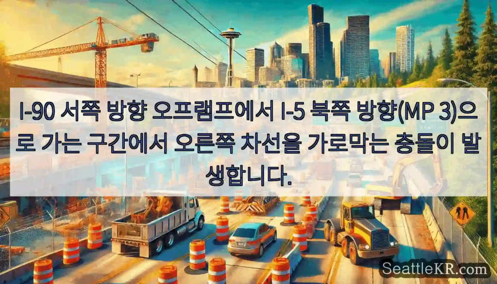 I-90 서쪽 방향 오프램프에서 I-5 북쪽 방향(MP 3)으로 가는 구간에서 오른쪽
