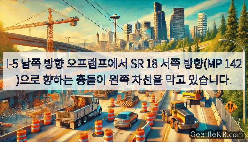 I-5 남쪽 방향 오프램프에서 SR 18 서쪽 방향(MP 142)으로 향하는 충돌이 왼쪽