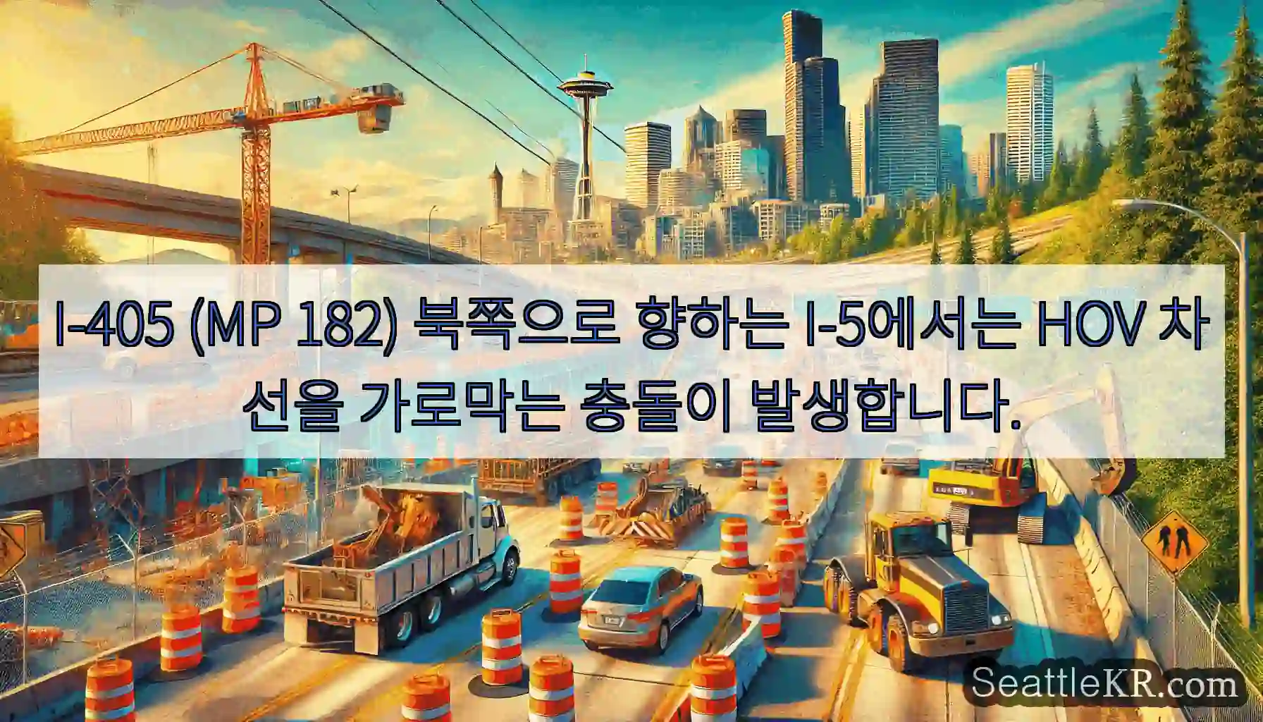 I-405 (MP 182) 북쪽으로 향하는 I-5에서는 HOV 차선을 가로막는 충돌이