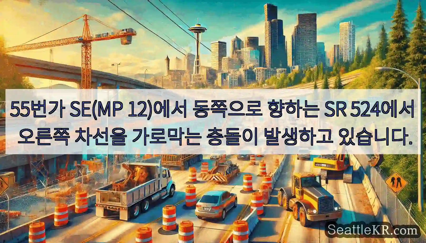 55번가 SE(MP 12)에서 동쪽으로 향하는 SR 524에서 오른쪽 차선을 가로막는