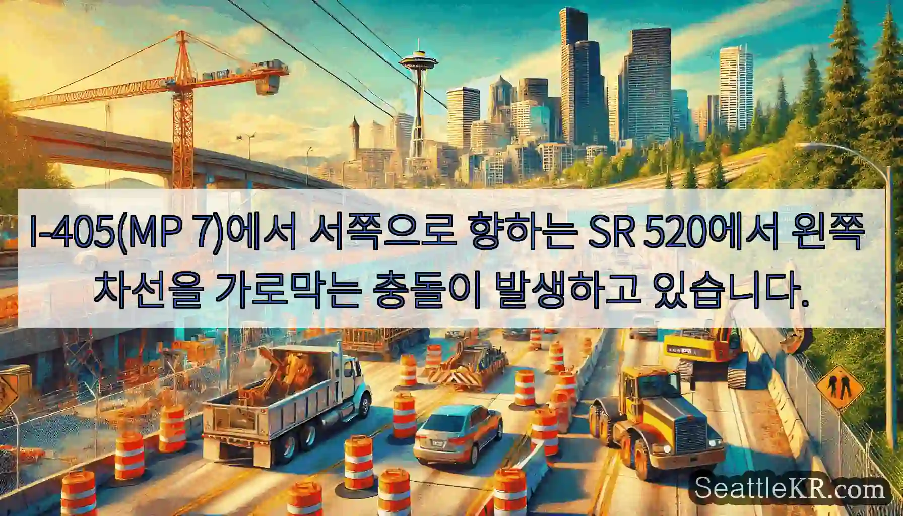 I-405(MP 7)에서 서쪽으로 향하는 SR 520에서 왼쪽 차선을 가로막는 충돌이