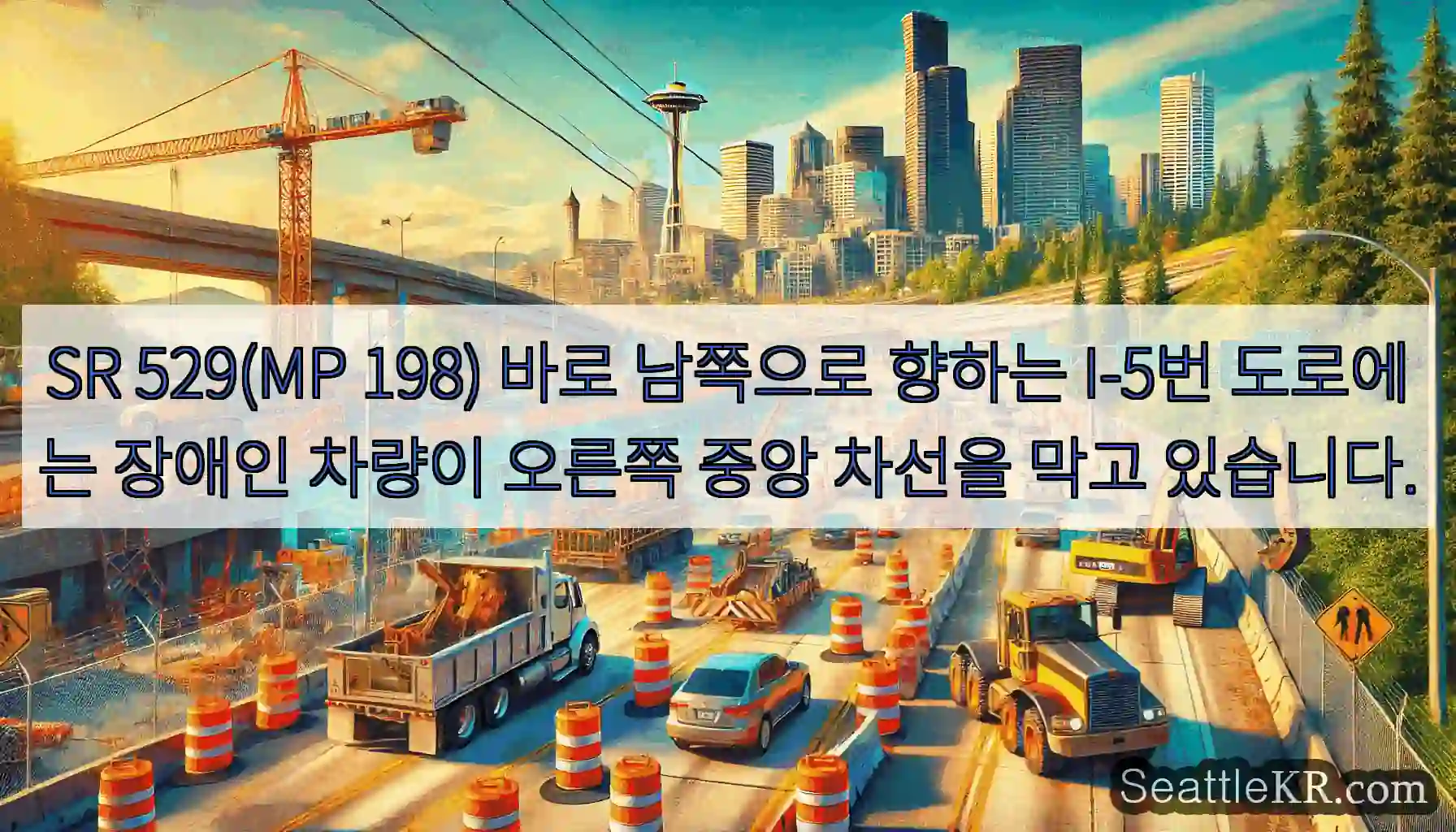 SR 529(MP 198) 바로 남쪽으로 향하는 I-5번 도로에는 장애인 차량이 오른쪽