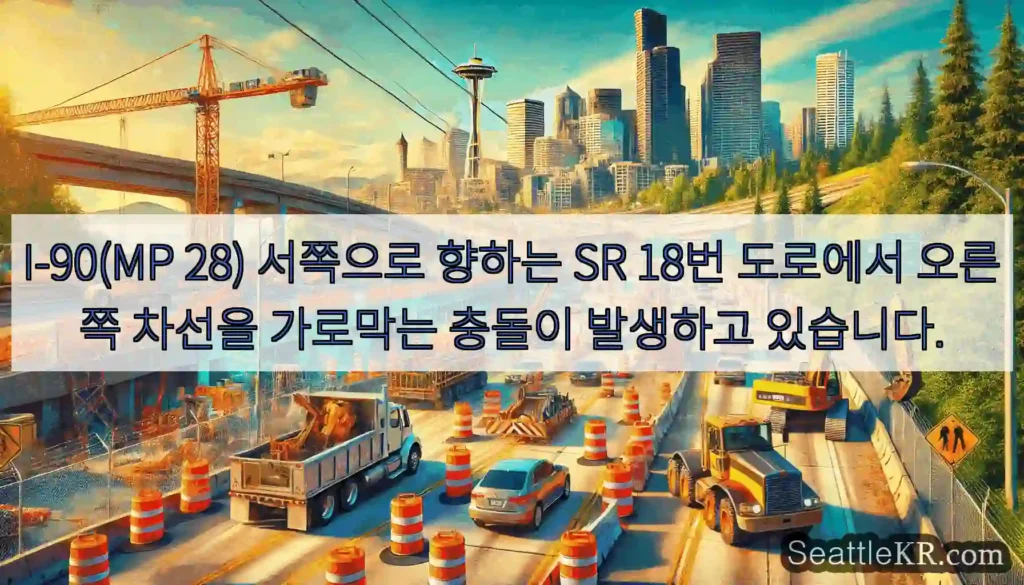 I-90(MP 28) 서쪽으로 향하는 SR 18번 도로에서 오른쪽 차선을 가로막는 충돌이