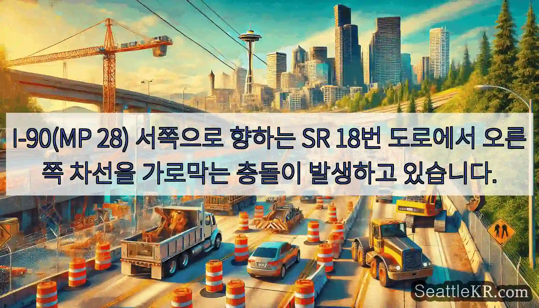 I-90(MP 28) 서쪽으로 향하는 SR 18번 도로에서 오른쪽 차선을 가로막는 충돌이