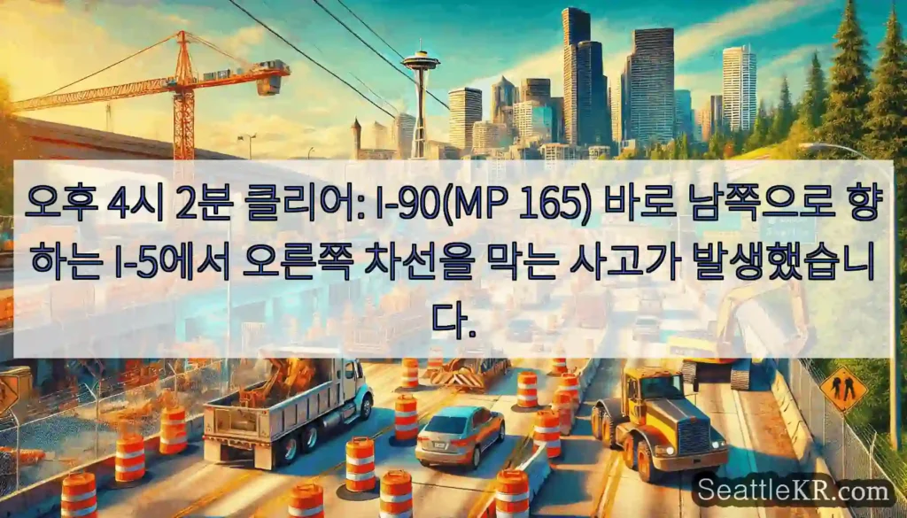 오후 4시 2분 클리어: I-90(MP 165) 바로 남쪽으로 향하는 I-5에서 오른쪽