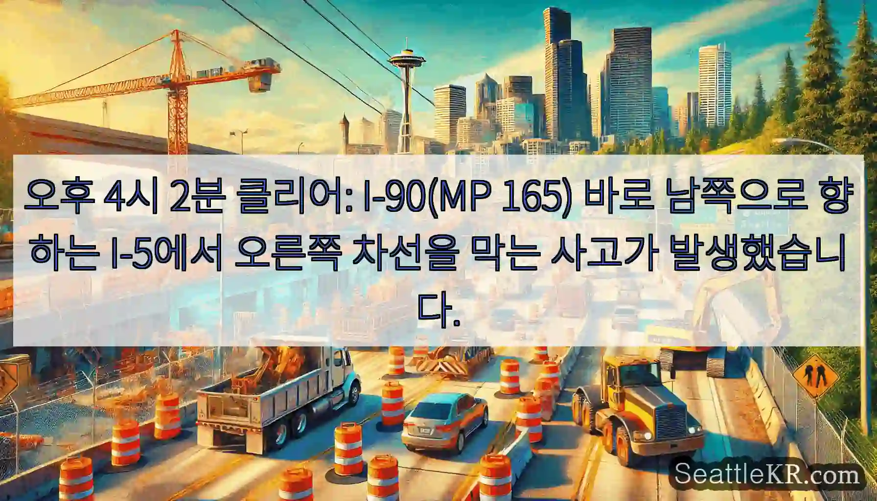 오후 4시 2분 클리어: I-90(MP 165) 바로 남쪽으로 향하는 I-5에서 오른쪽