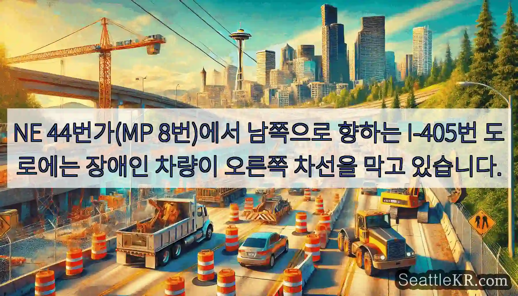 NE 44번가(MP 8번)에서 남쪽으로 향하는 I-405번 도로에는 장애인 차량이 오른쪽