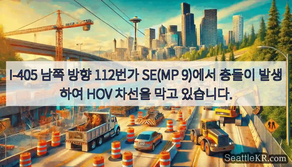 I-405 남쪽 방향 112번가 SE(MP 9)에서 충돌이 발생하여 HOV 차선을 막고