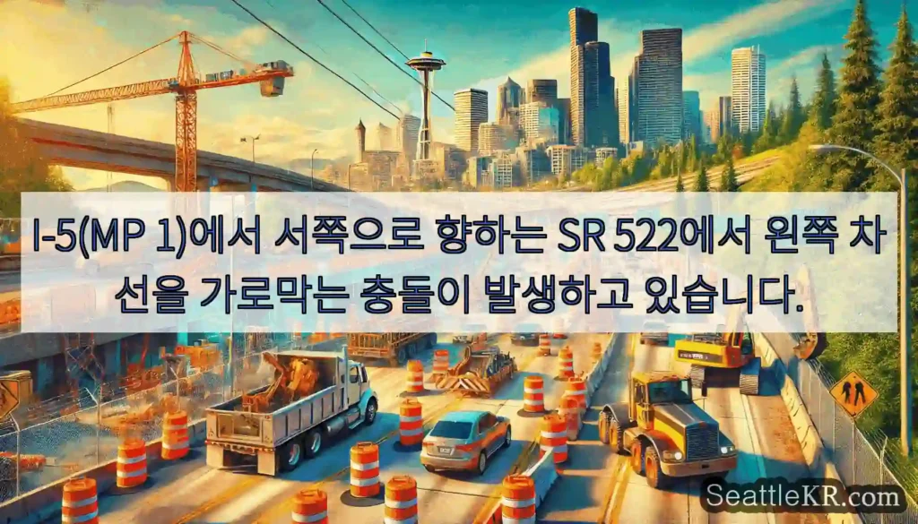 I-5(MP 1)에서 서쪽으로 향하는 SR 522에서 왼쪽 차선을 가로막는 충돌이