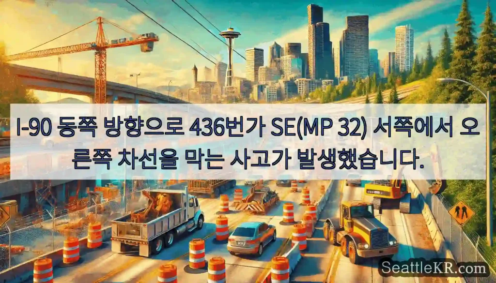 I-90 동쪽 방향으로 436번가 SE(MP 32) 서쪽에서 오른쪽 차선을 막는 사고가