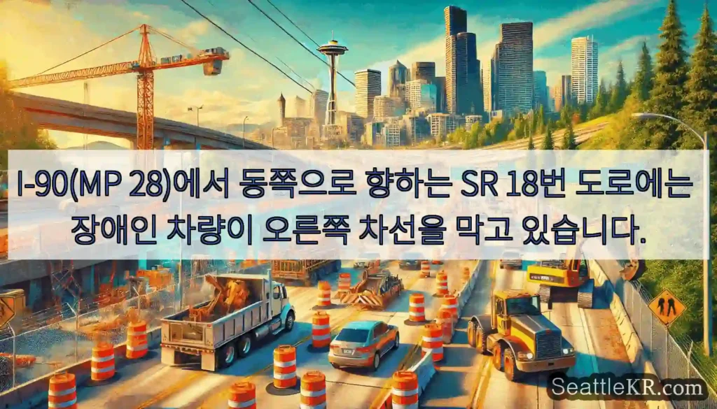 I-90(MP 28)에서 동쪽으로 향하는 SR 18번 도로에는 장애인 차량이 오른쪽