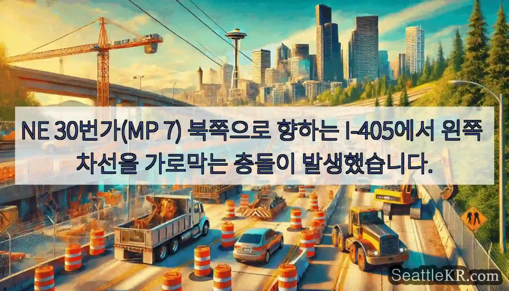 NE 30번가(MP 7) 북쪽으로 향하는 I-405에서 왼쪽 차선을 가로막는 충돌이