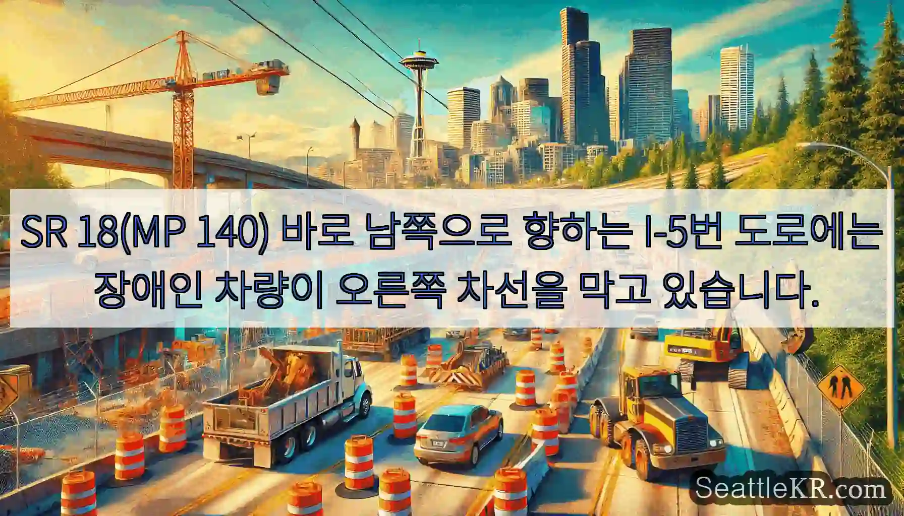 SR 18(MP 140) 바로 남쪽으로 향하는 I-5번 도로에는 장애인 차량이 오른쪽
