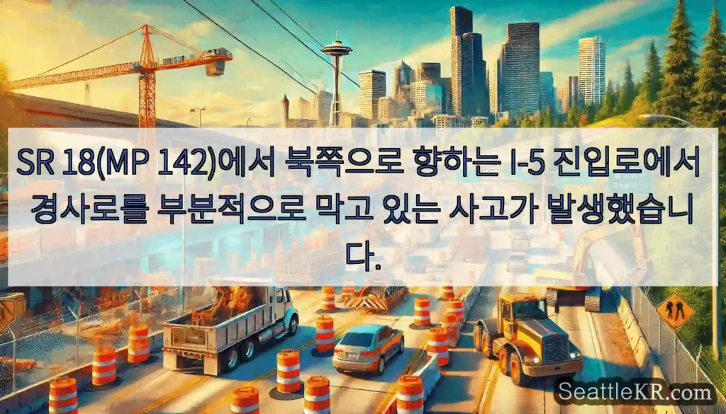 SR 18(MP 142)에서 북쪽으로 향하는 I-5 진입로에서 경사로를 부분적으로 막고
