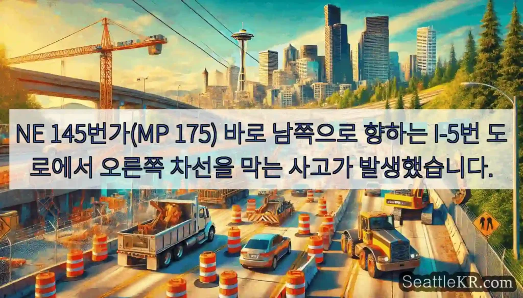 NE 145번가(MP 175) 바로 남쪽으로 향하는 I-5번 도로에서 오른쪽 차선을 막는