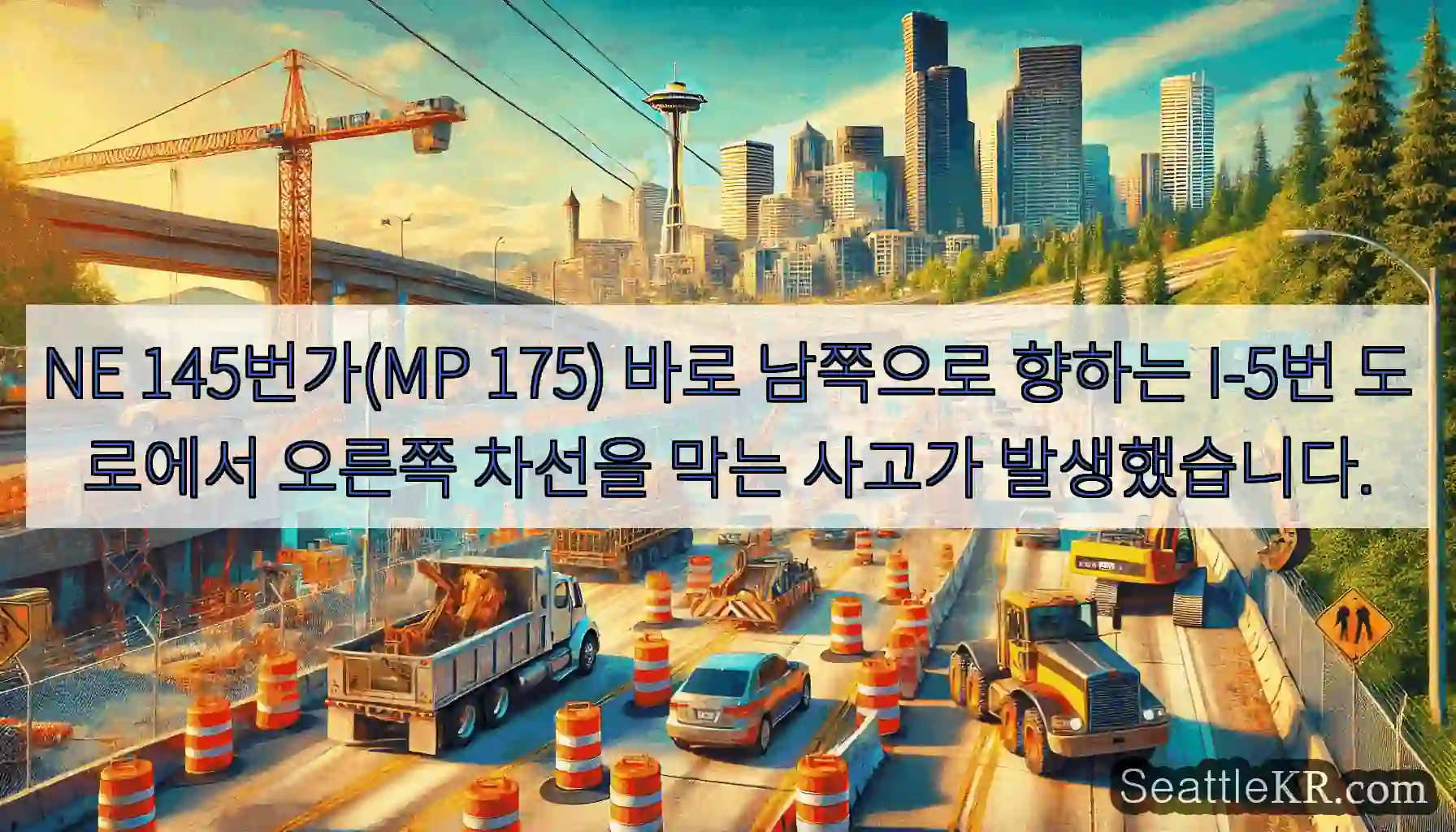 NE 145번가(MP 175) 바로 남쪽으로 향하는 I-5번 도로에서 오른쪽 차선을 막는
