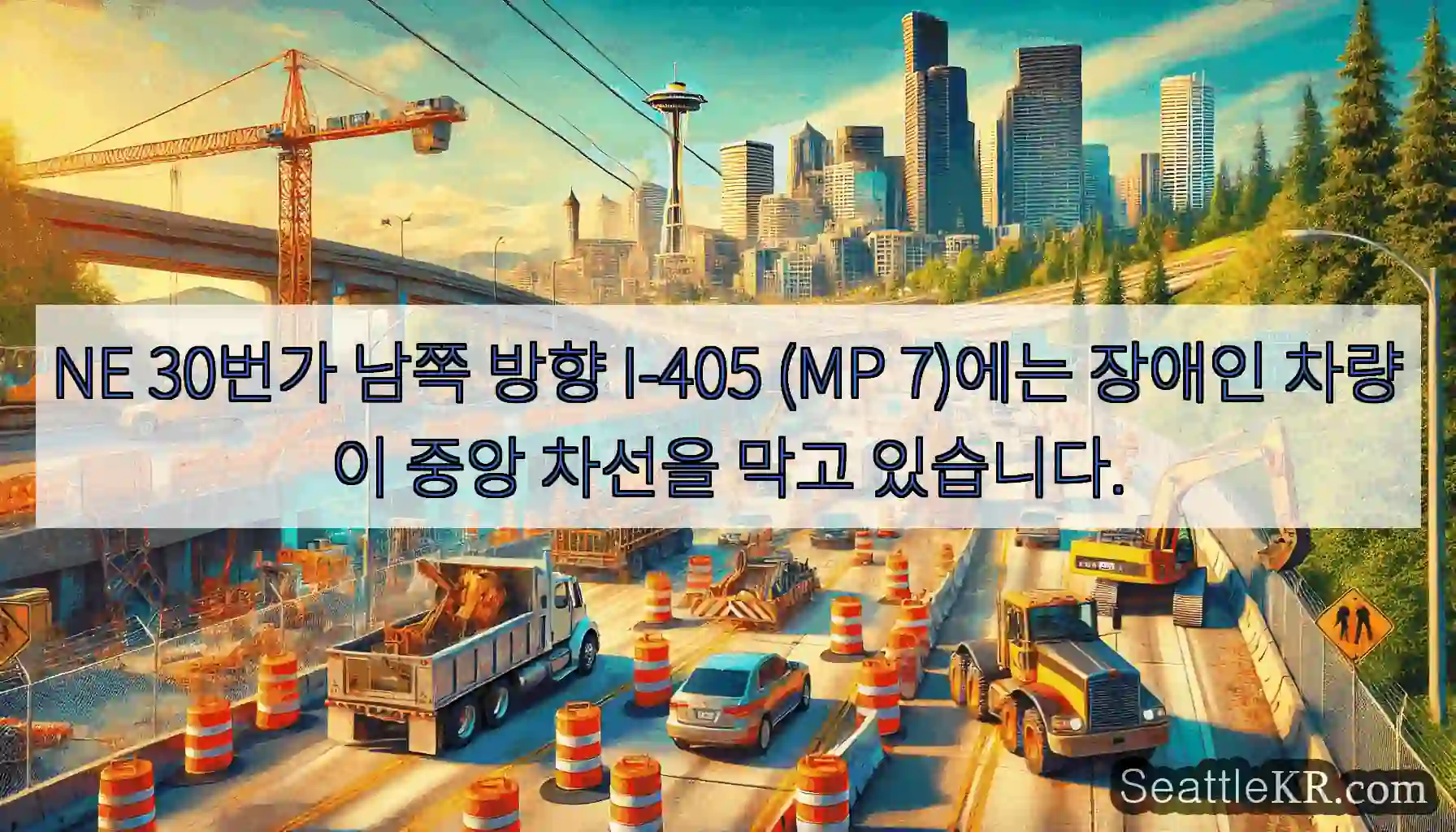 NE 30번가 남쪽 방향 I-405 (MP 7)에는 장애인 차량이 중앙 차선을 막고