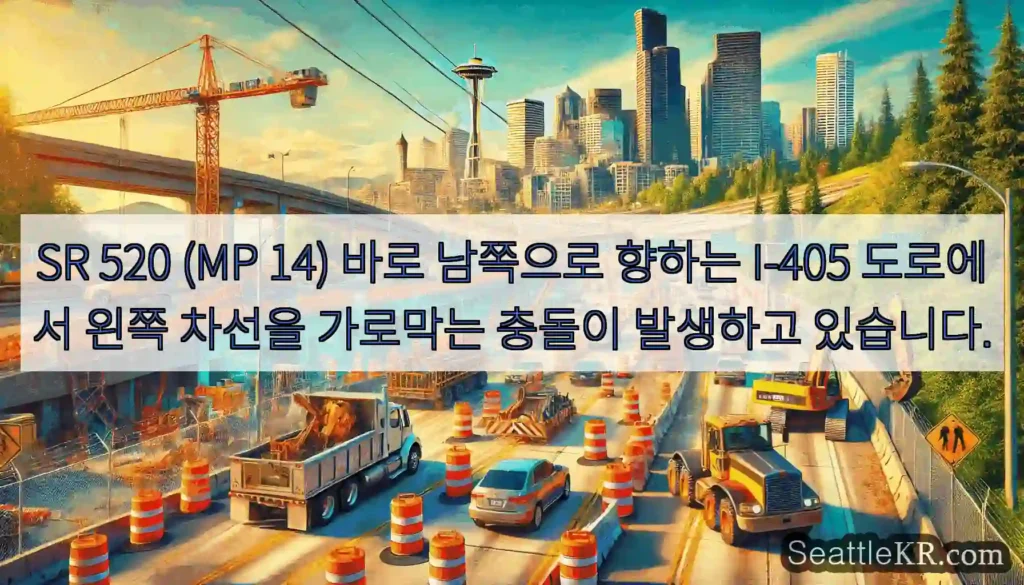 SR 520 (MP 14) 바로 남쪽으로 향하는 I-405 도로에서 왼쪽 차선을 가로막는