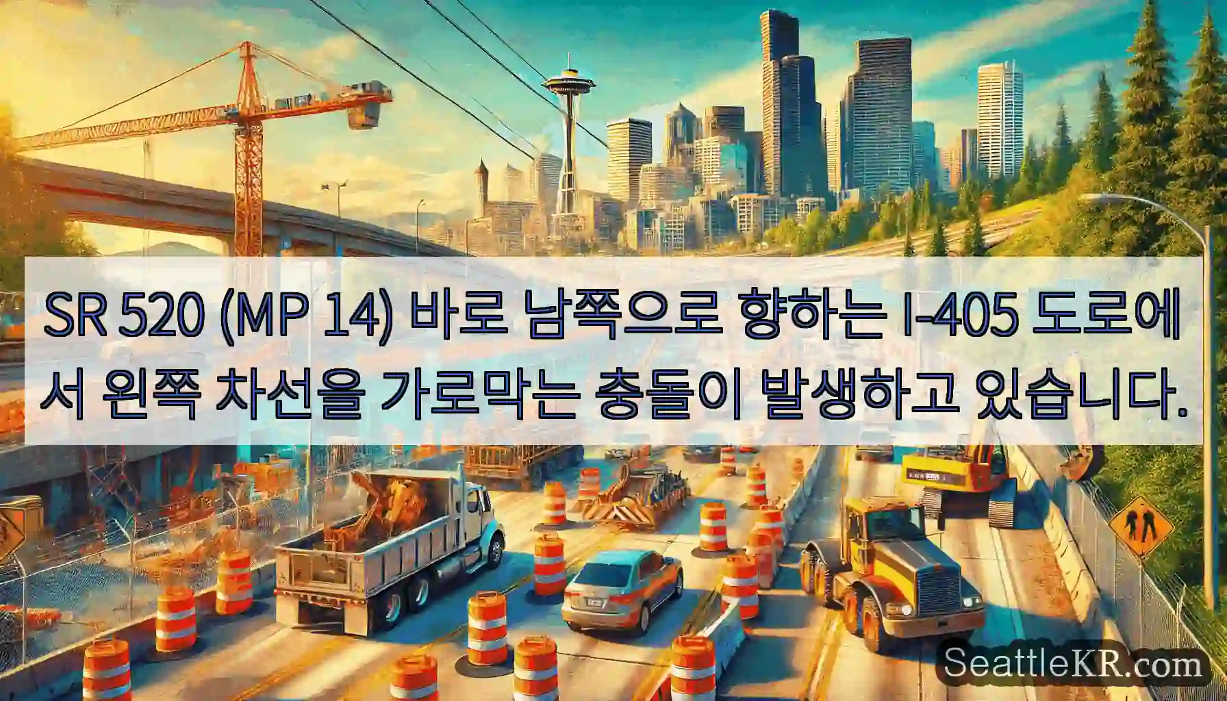 SR 520 (MP 14) 바로 남쪽으로 향하는 I-405 도로에서 왼쪽 차선을 가로막는