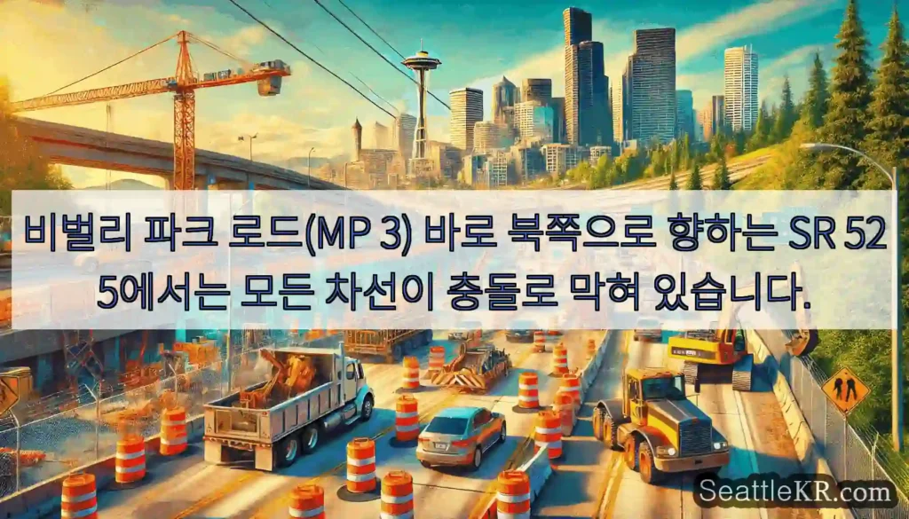 비벌리 파크 로드(MP 3) 바로 북쪽으로 향하는 SR 525에서는 모든 차선이 충돌로