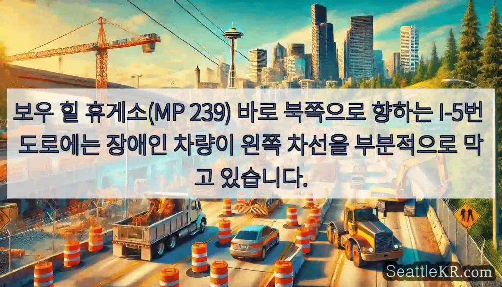 보우 힐 휴게소(MP 239) 바로 북쪽으로 향하는 I-5번 도로에는 장애인 차량이 왼쪽
