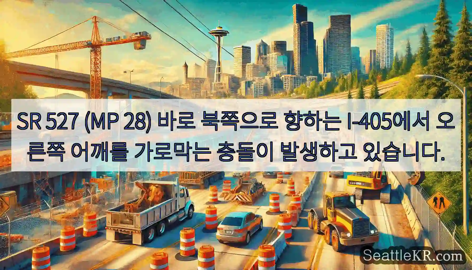 SR 527 (MP 28) 바로 북쪽으로 향하는 I-405에서 오른쪽 어깨를 가로막는