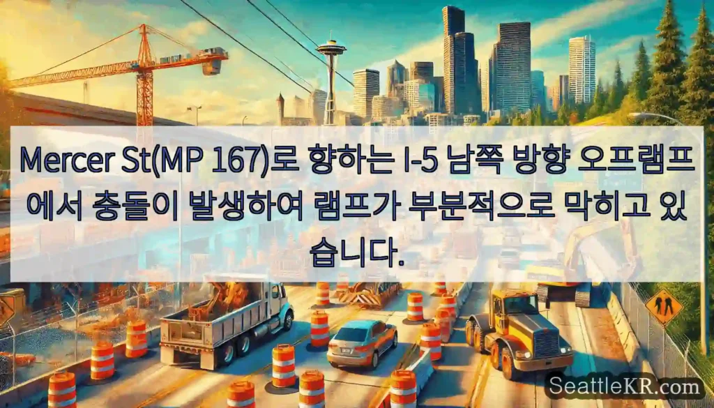 Mercer St(MP 167)로 향하는 I-5 남쪽 방향 오프램프에서 충돌이 발생하여