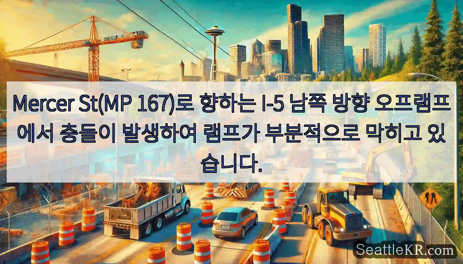 Mercer St(MP 167)로 향하는 I-5 남쪽 방향 오프램프에서 충돌이 발생하여