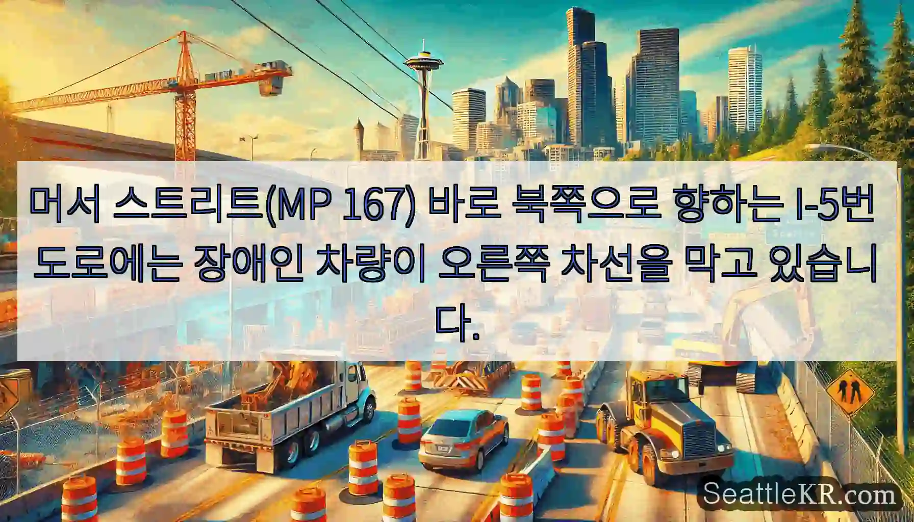 머서 스트리트(MP 167) 바로 북쪽으로 향하는 I-5번 도로에는 장애인 차량이 오른쪽