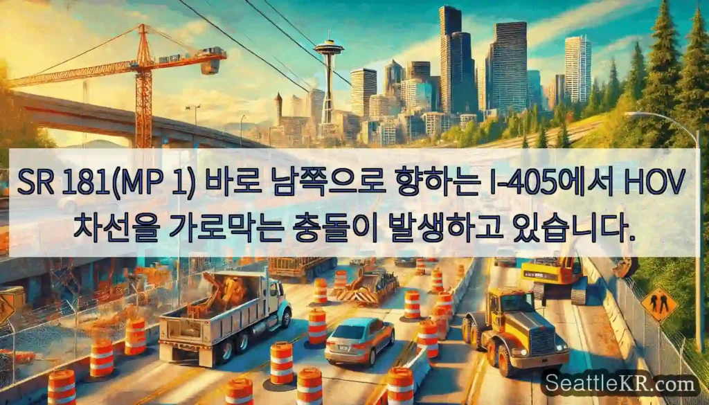 SR 181(MP 1) 바로 남쪽으로 향하는 I-405에서 HOV 차선을 가로막는 충돌이